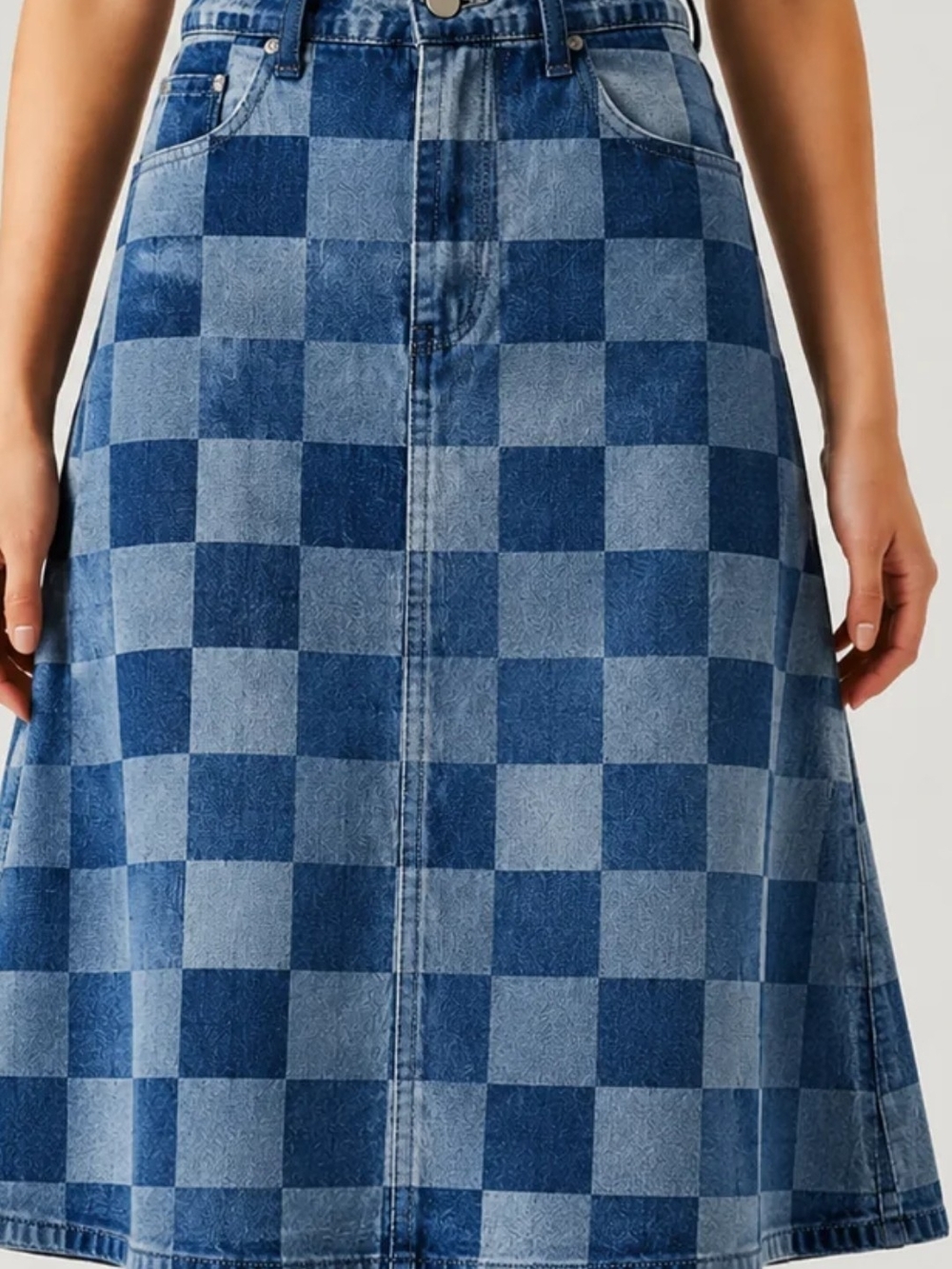 NWOT Roanbloom Blue Checkered Denim Midi Skirt Medium
